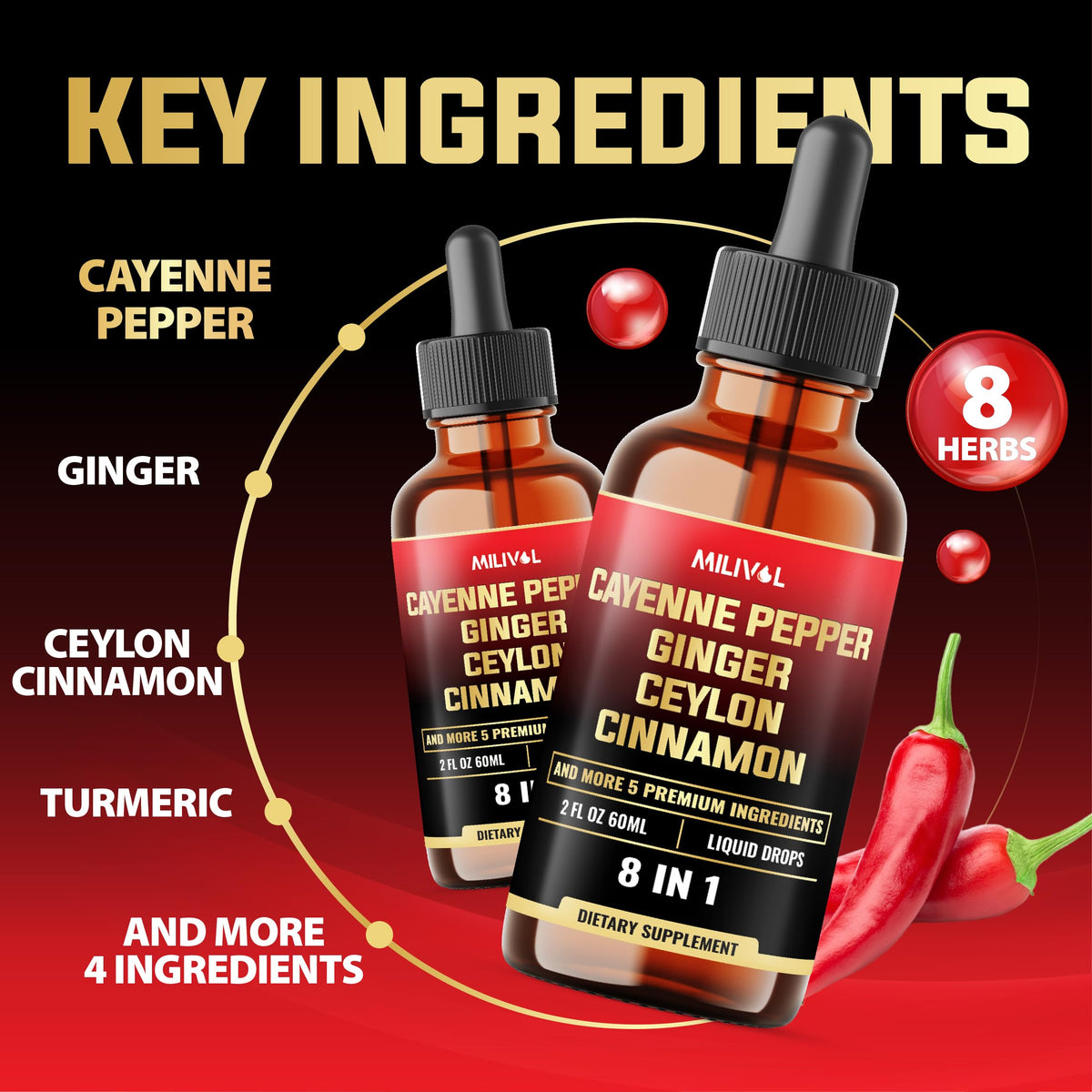 Flacon de gouttes de piment de cayenne MILIVOL sur fond blanc