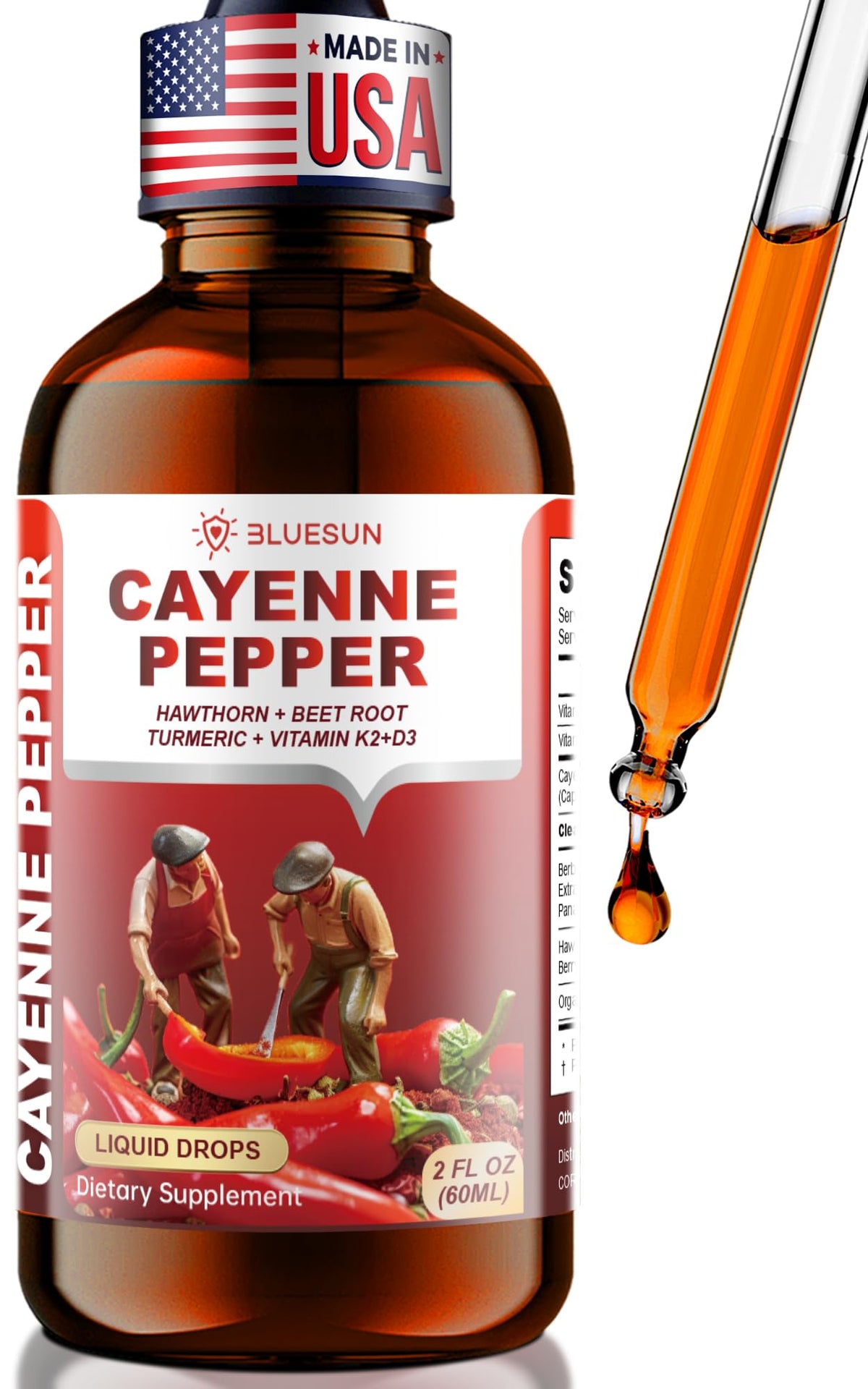 Flacon de gouttes de poivre de cayenne Bluesun 60ml avec étiquette