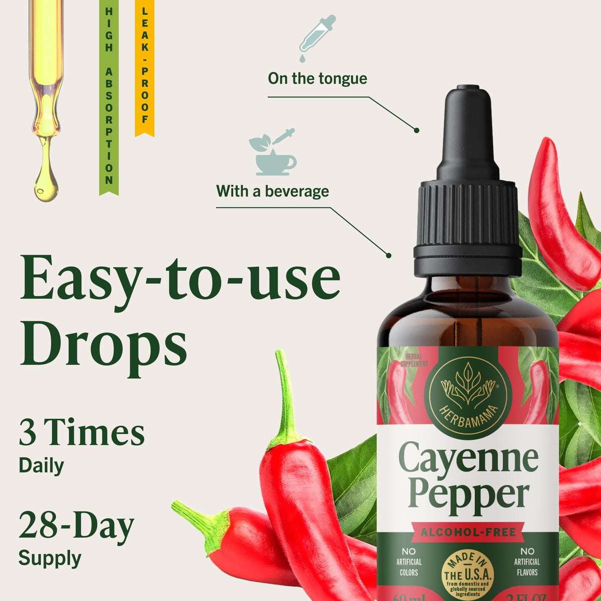 Flacon de gouttes de poivre de cayenne HERBAMAMA sur une table