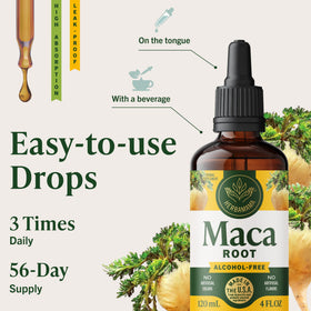 Flacon de gouttes de racine de Maca HERBAMAMA avec arrière-plan naturel