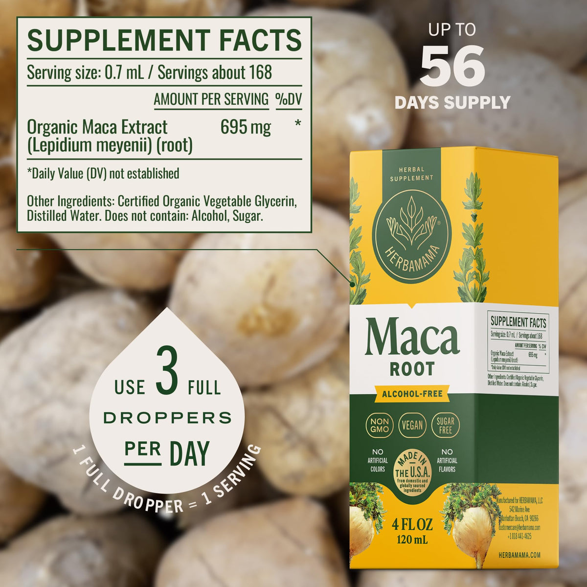 Flacon de gouttes de racine de Maca HERBAMAMA sur une table