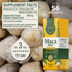 Flacon de gouttes de racine de Maca HERBAMAMA sur une table