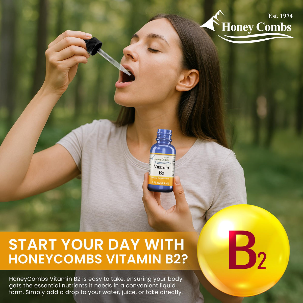 Flacon de gouttes de riboflavine HoneyCombs sur fond blanc