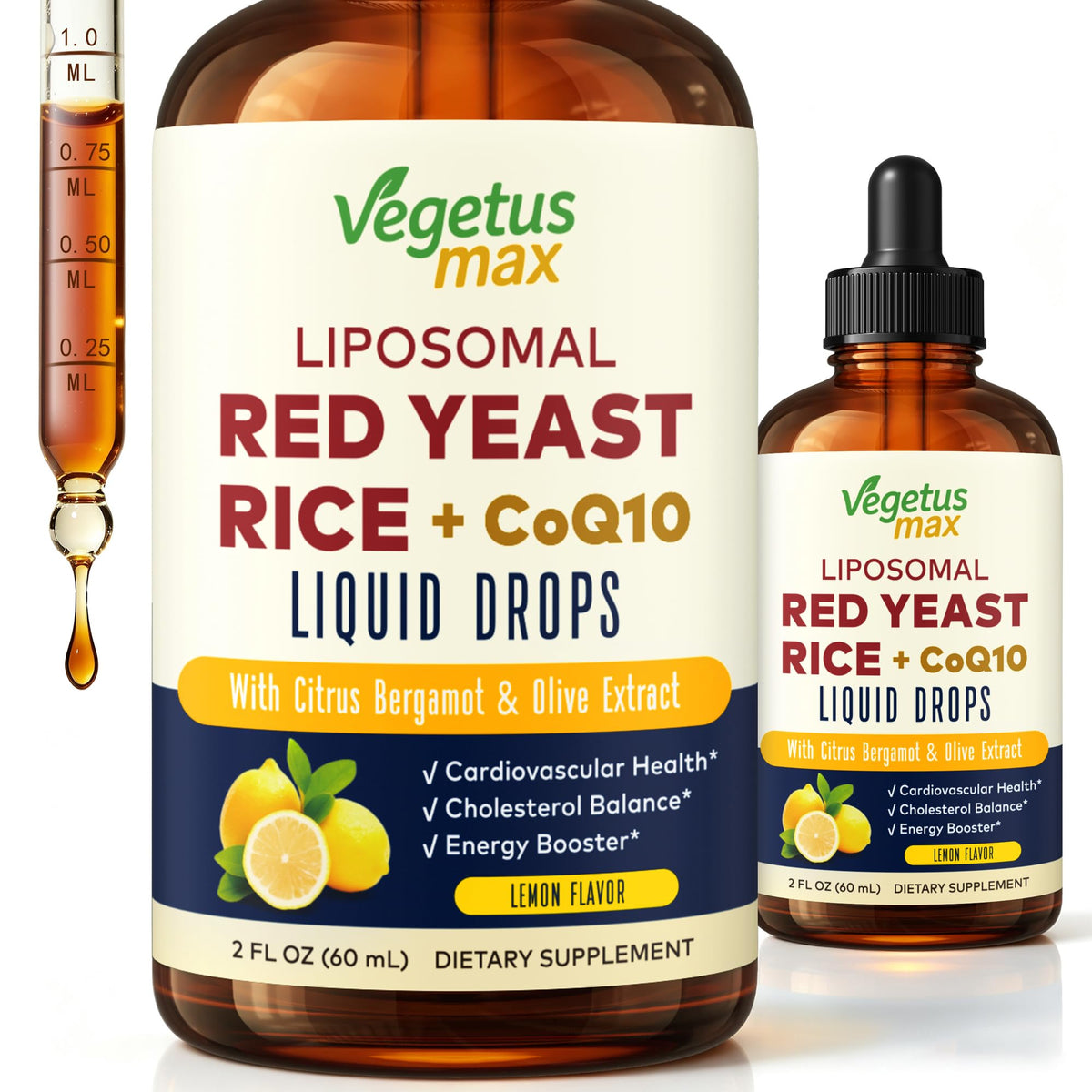 Flacon de gouttes de riz rouge liposomal VEGETUSMAX 1200 mg avec CoQ10