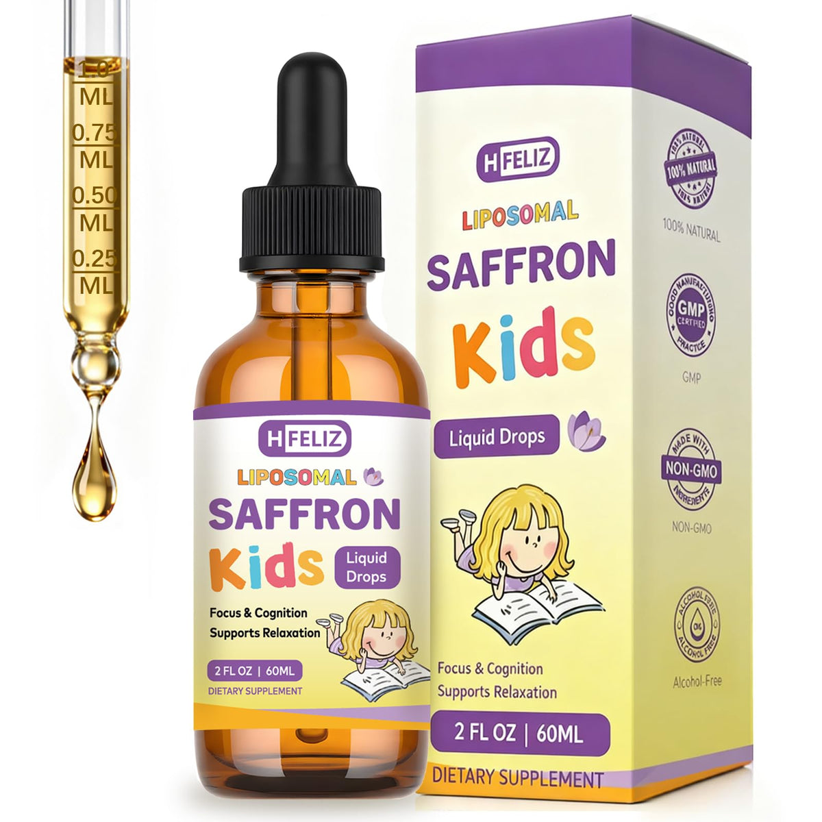 Flacon de gouttes de safran liposomales HFELIZ pour enfants, 60 ml