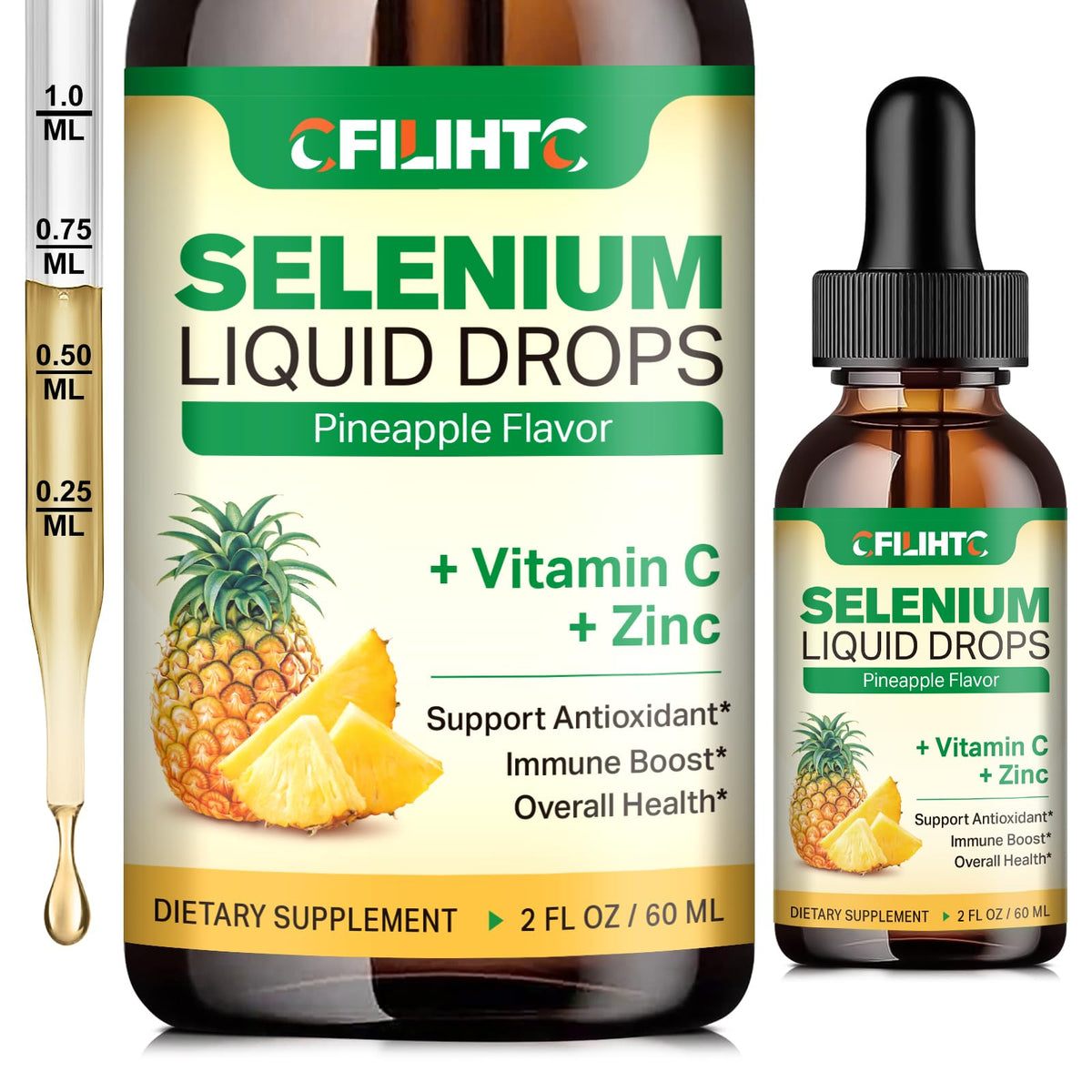 Flacon de gouttes de sélénium liquide CFILIHTC 200mcg avec étiquette