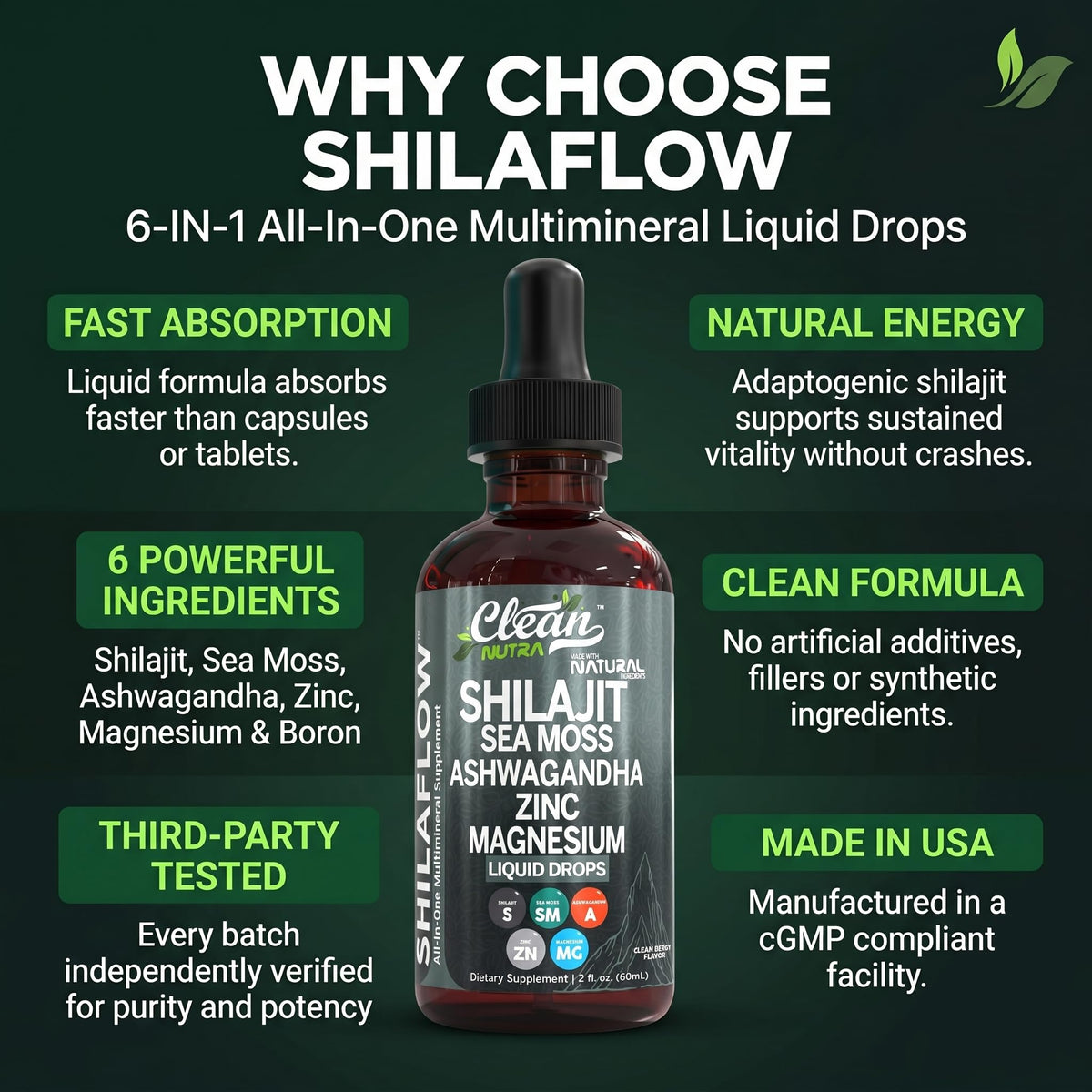 Flacon de gouttes de Shilajit avec une vue d'ensemble des ingrédients
