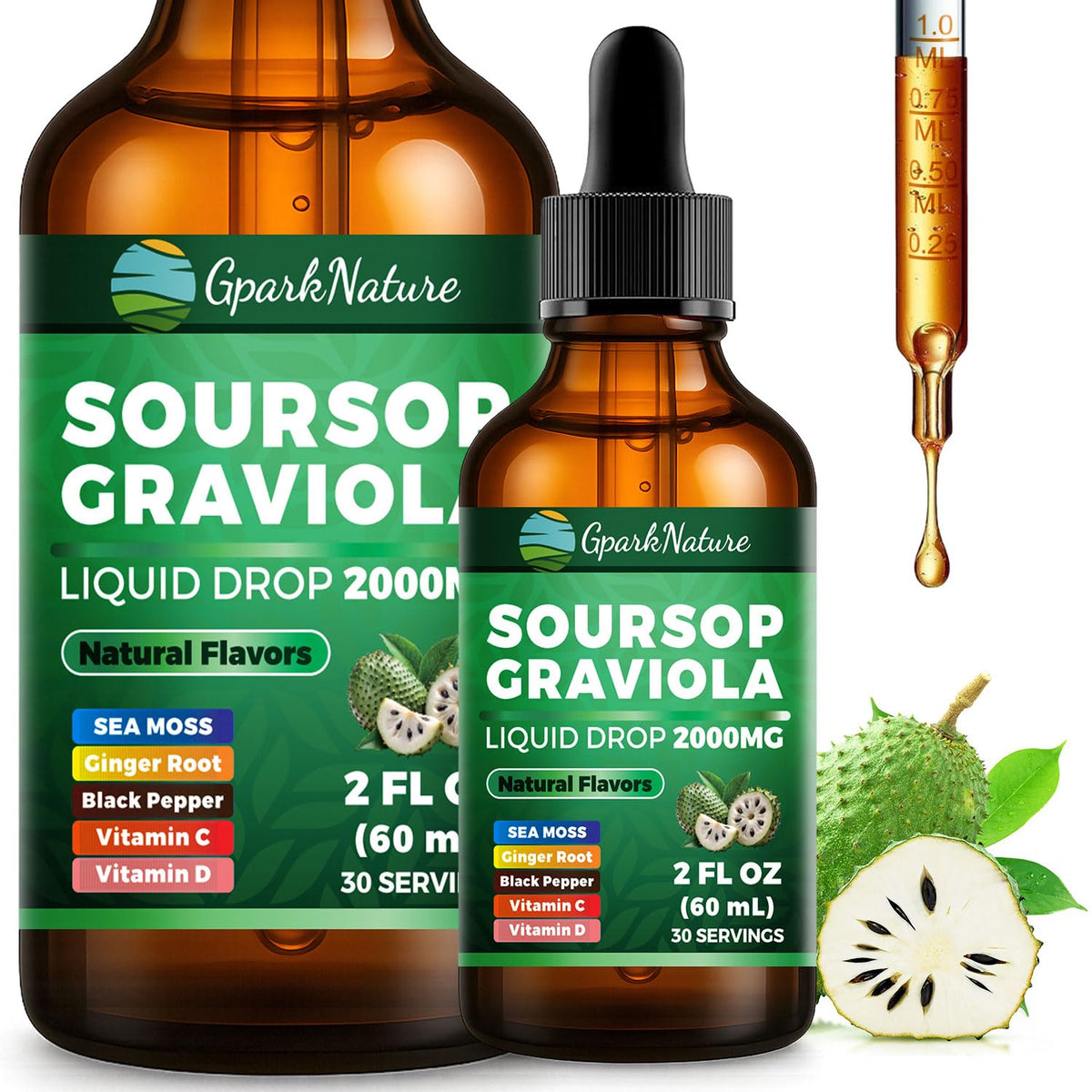 Flacon de gouttes de soursop GparkNature 2000mg vue de face