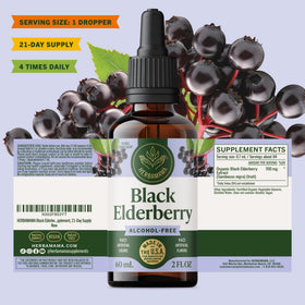 Flacon de gouttes de sureau noir HERBAMAMA avec des fruits de sureau