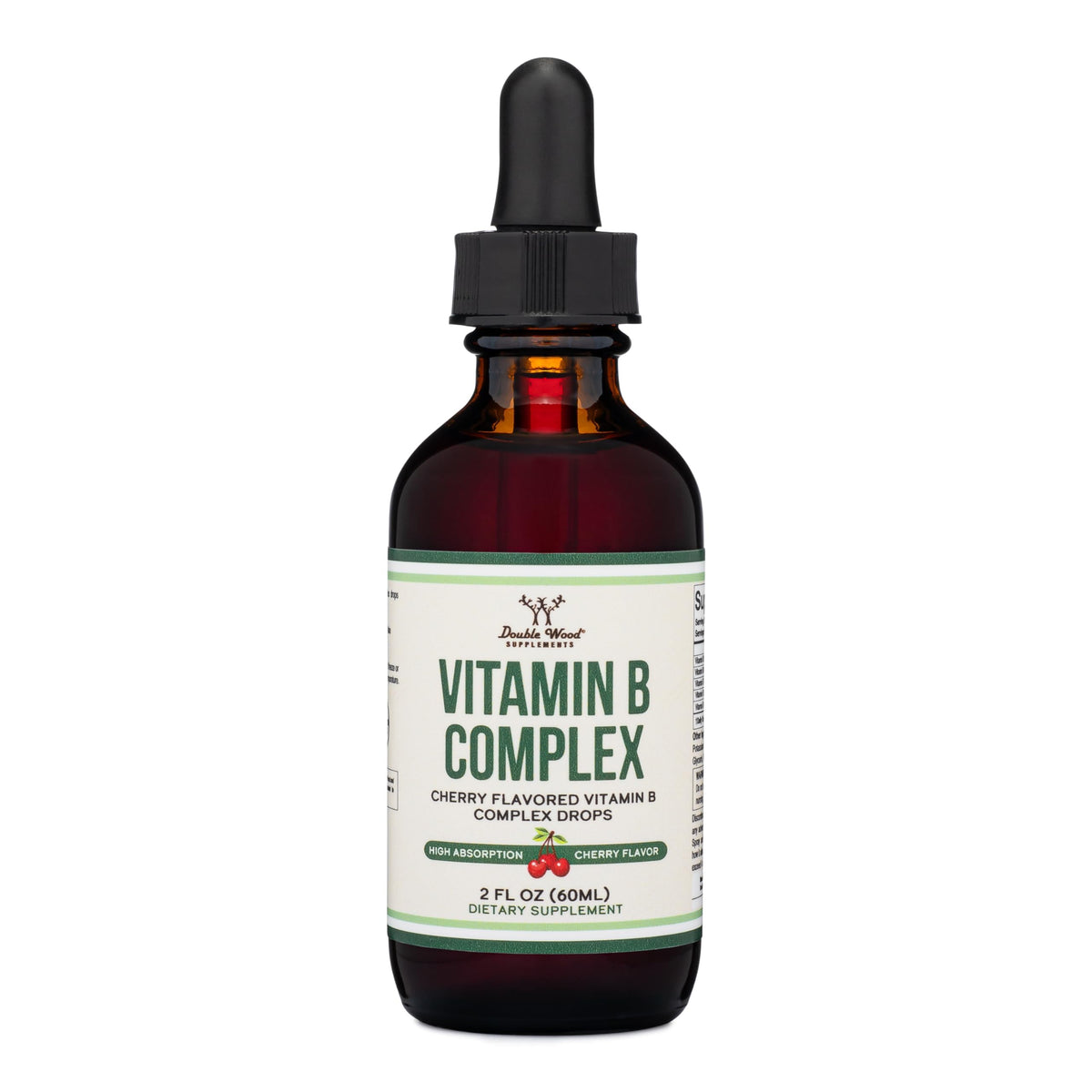 Flacon de gouttes de vitamine B-Complex Double Wood, saveur cerise, vue avant