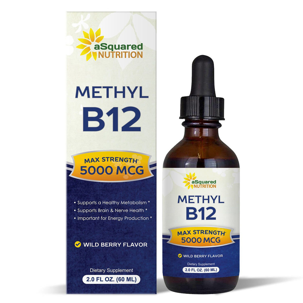 Flacon de gouttes de vitamine B12 Methylcobalamine 5000 MCG d'aSquared Nutrition, vue de face