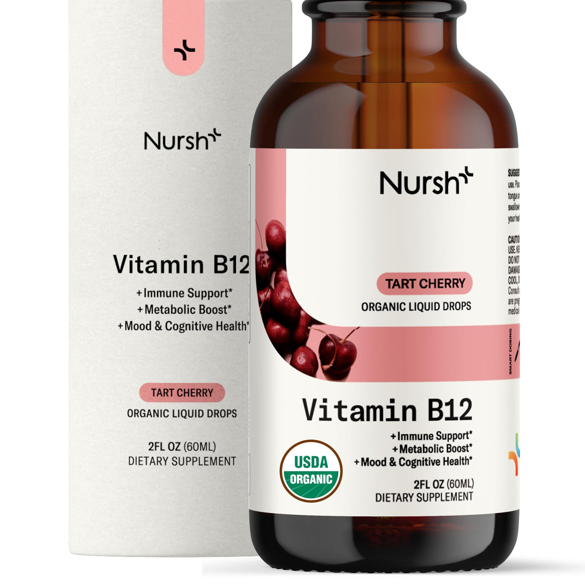 Flacon de gouttes de vitamine B12 Nursh+ 5000 mcg vue avant