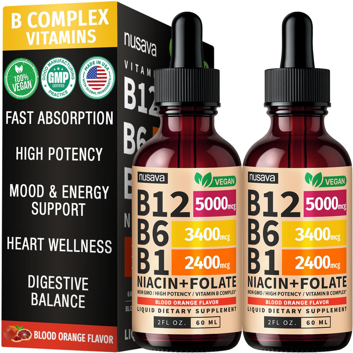 Flacon de gouttes de vitamine B12 NUSAVA 5000mcg, pack de 2