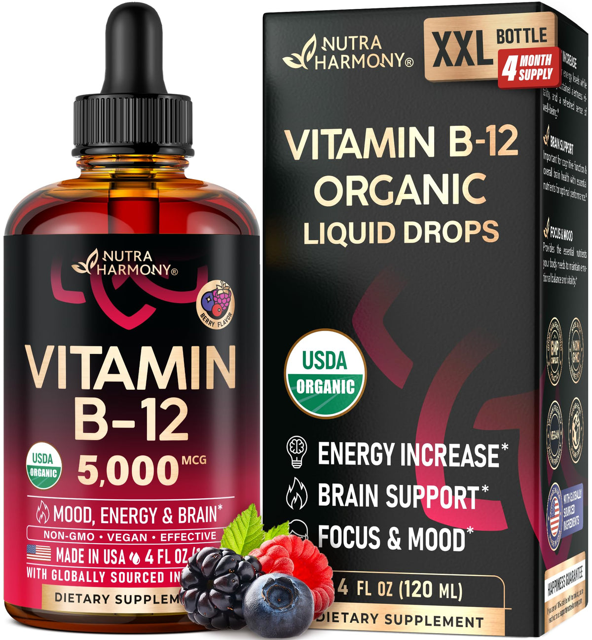 Flacon de gouttes de Vitamine B12 NUTRAHARMONY de 5000 mcg avec étiquette