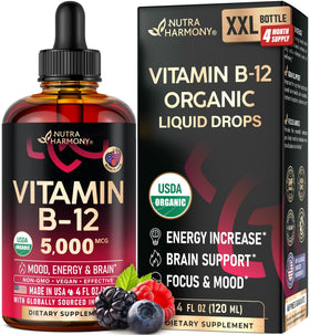Flacon de gouttes de Vitamine B12 NUTRAHARMONY de 5000 mcg avec étiquette