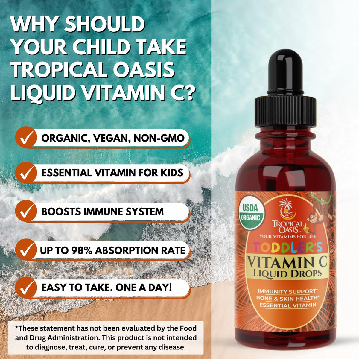 Flacon de gouttes de vitamine C bio Tropical Oasis avec une étiquette claire