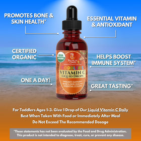 Flacon de gouttes de vitamine C bio Tropical Oasis sur un fond en bois