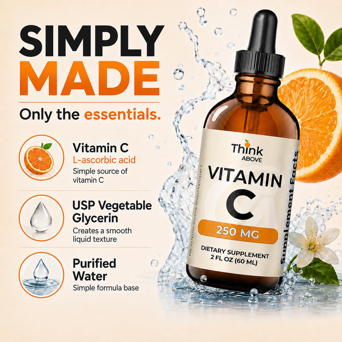 Flacon de Gouttes de Vitamine C Think Above montrant le contenu