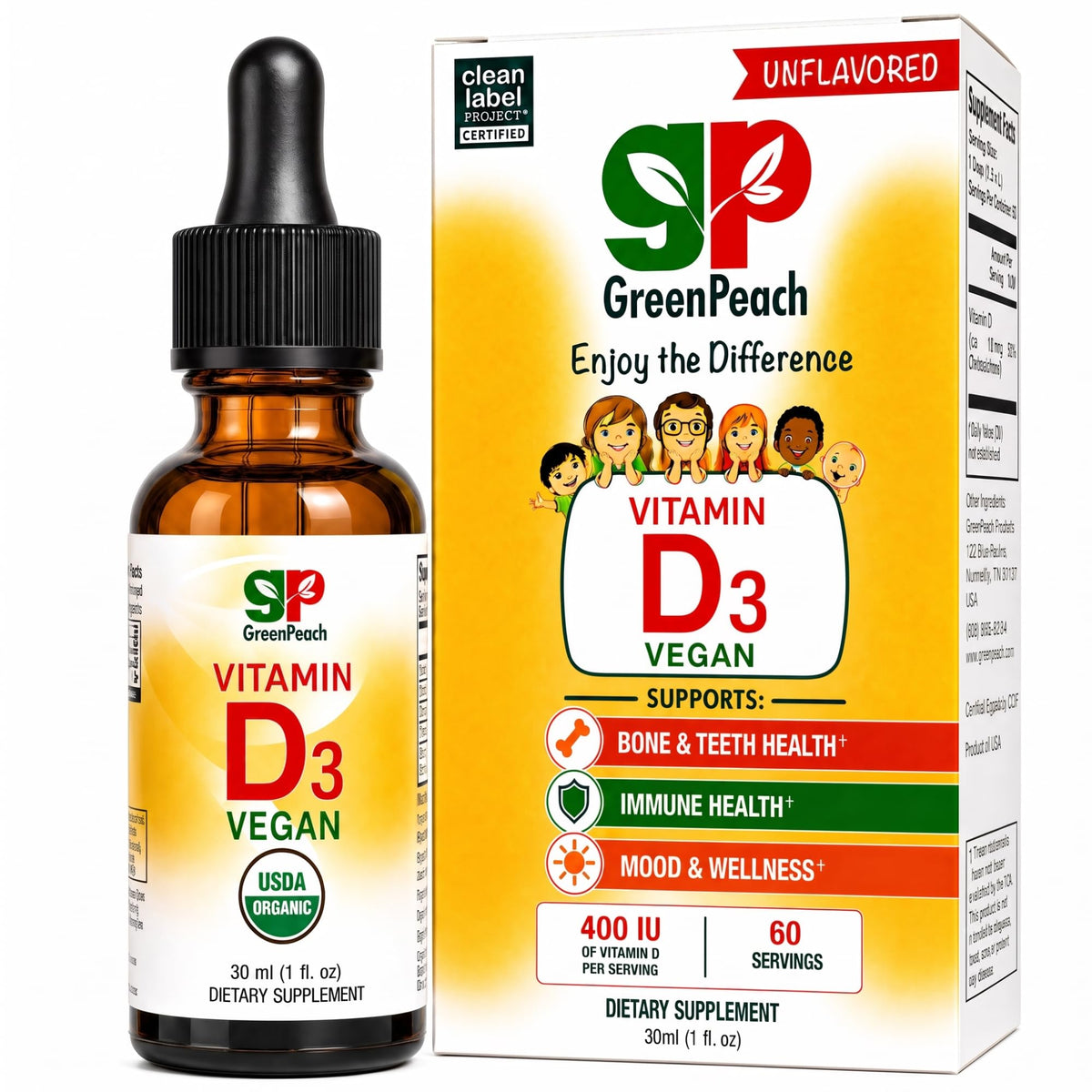 Flacon de gouttes de vitamine D3 bio GreenPeach 400-2000 IU vue de face