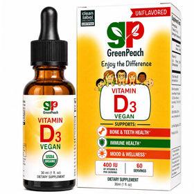 Flacon de gouttes de vitamine D3 bio GreenPeach 400-2000 IU vue de face