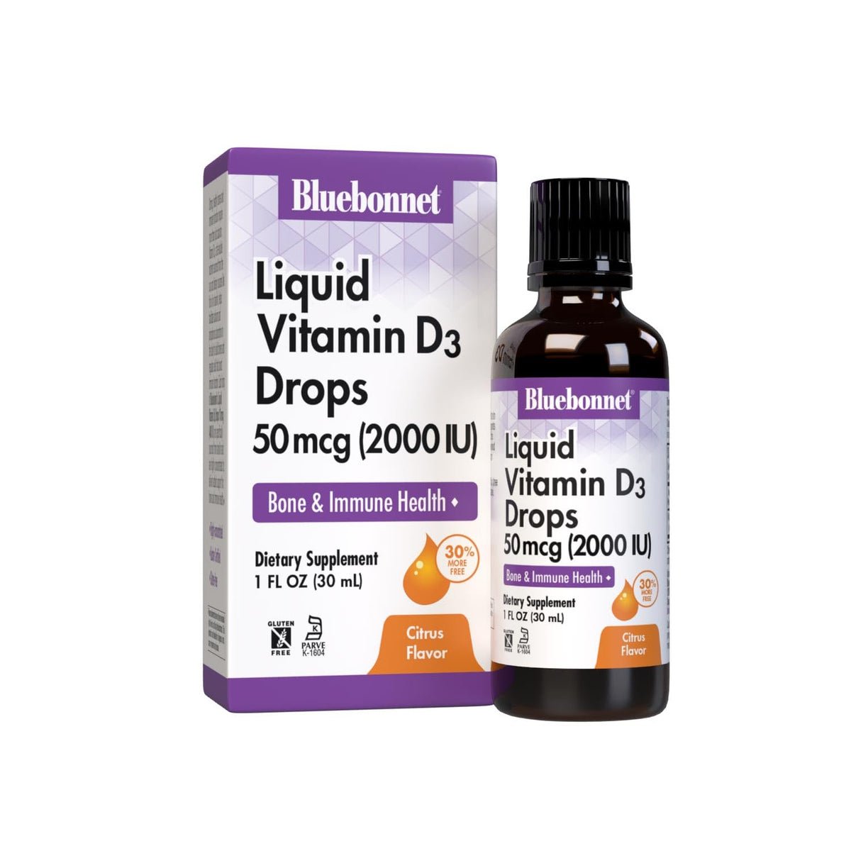 Flacon de gouttes de vitamine D3 BlueBonnet 2000 IU vue de face
