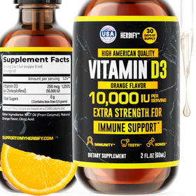 Flacon de gouttes de vitamine D3 HERBIFY 10000 UI, vue de face