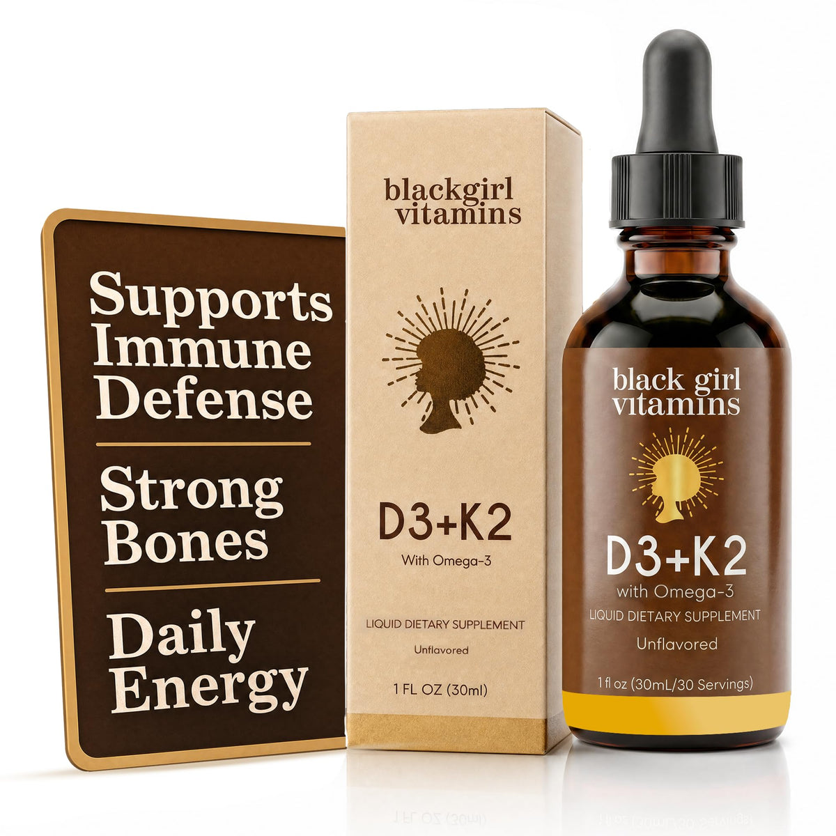 Flacon de gouttes de vitamine D3 K2 125mcg de Black Girl Vitamins