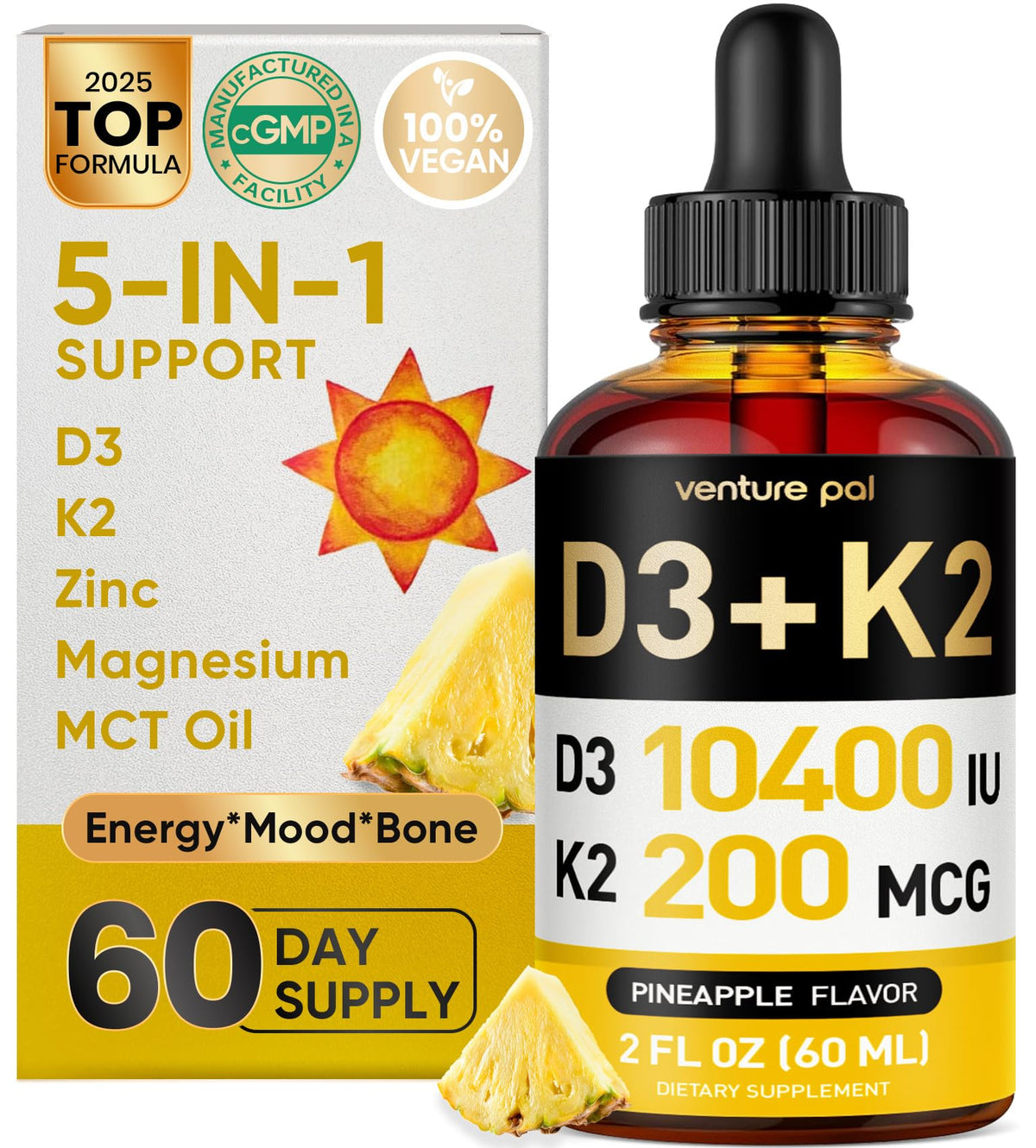 Flacon de gouttes de Vitamine D3 K2 5-en-1 de Venture Pal avec étiquette