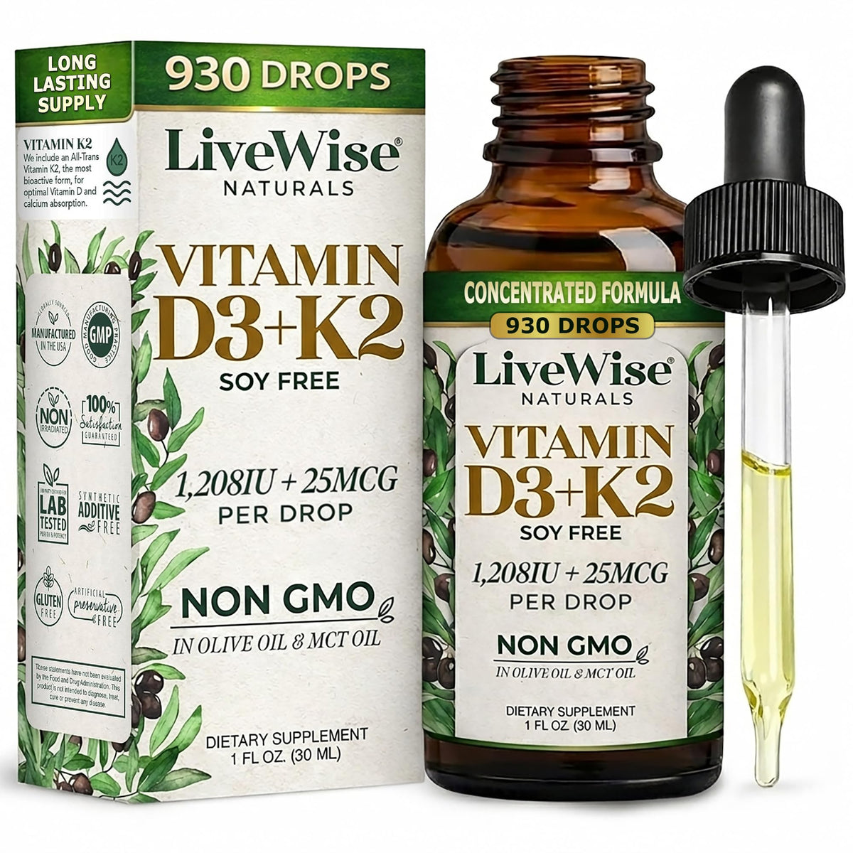 Flacon de gouttes de vitamine D3 K2 Live Wise Naturals vue avant