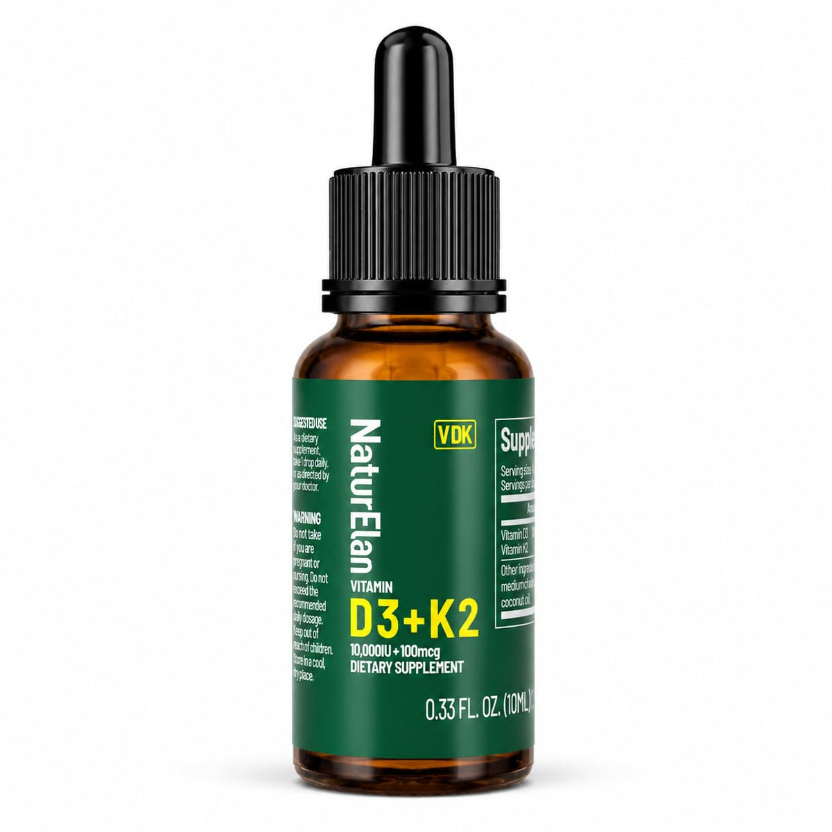 Flacon de gouttes de vitamine D3 K2 NaturElan avec étiquette visible