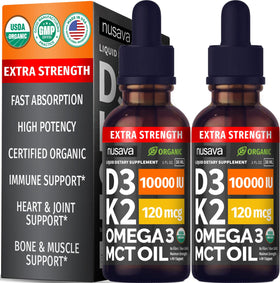 Flacon de gouttes de vitamine D3 K2 NUSAVA 10000 UI, vue avant