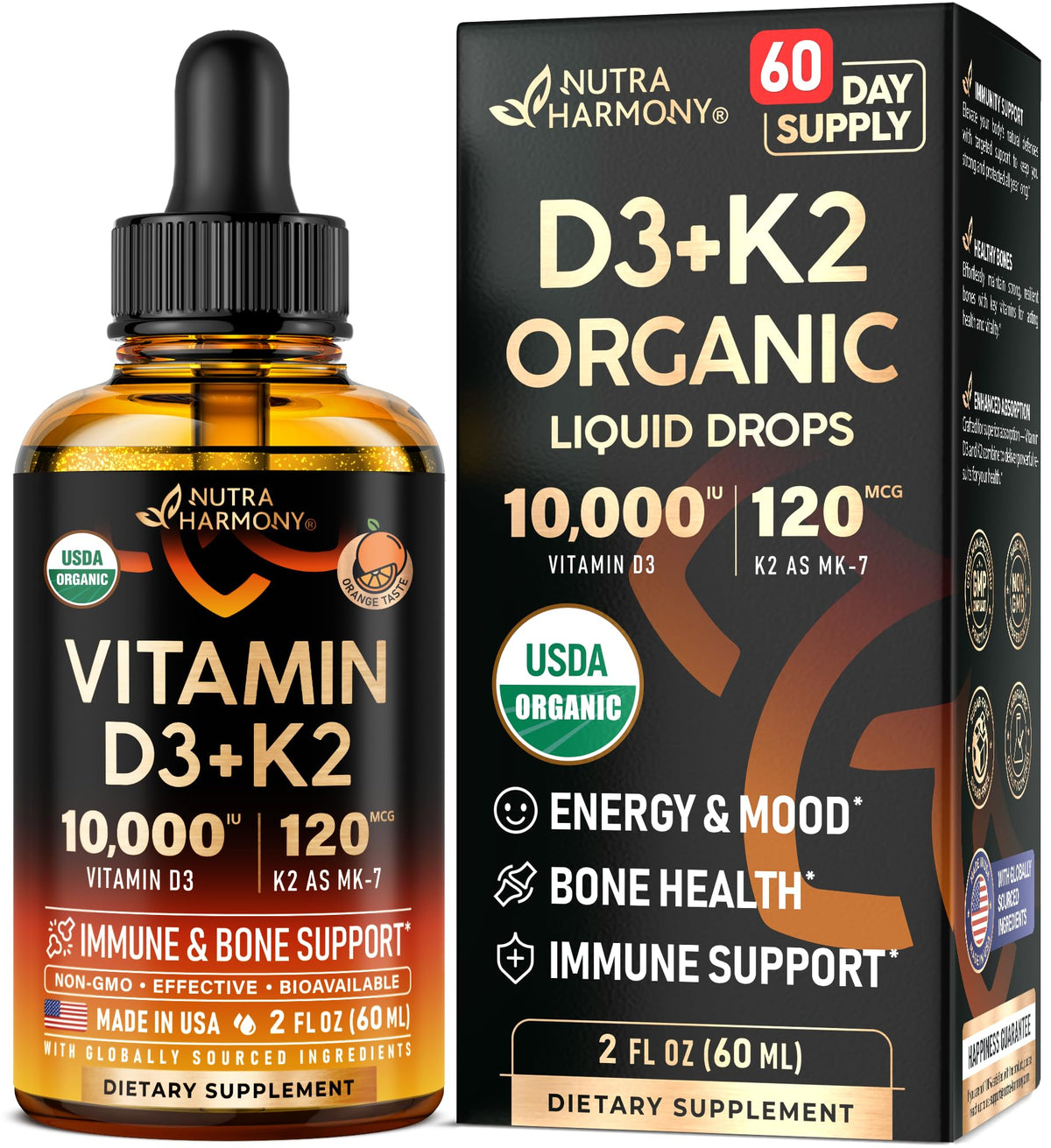 Flacon de gouttes de Vitamine D3 K2 NUTRAHARMONY 2 oz avec étiquette