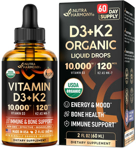Flacon de gouttes de Vitamine D3 K2 NUTRAHARMONY 2 oz avec étiquette