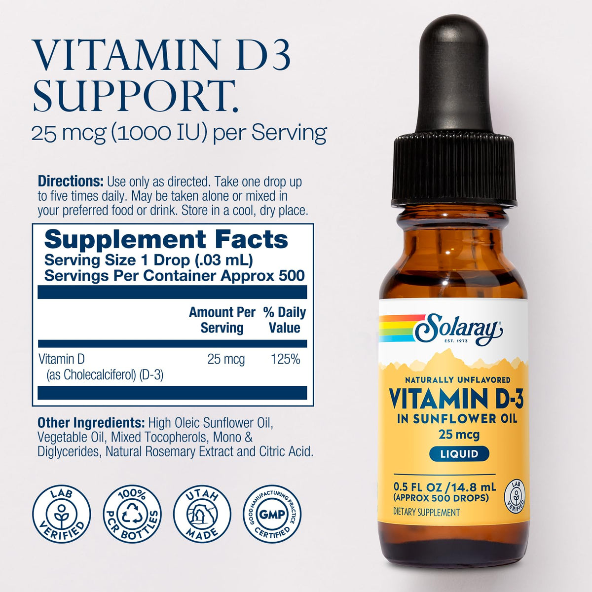 Flacon de Gouttes de Vitamine D3 SOLARAY avec compte-gouttes