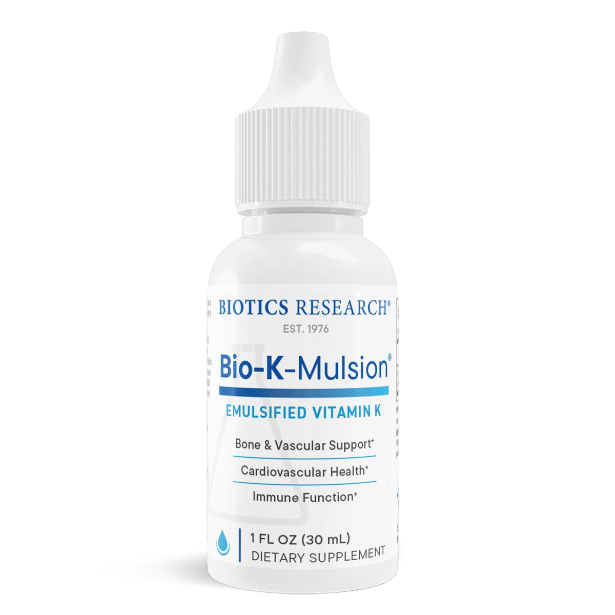 Flacon de gouttes de vitamine K1 Bio K Mulsion 500 mcg, vue de face