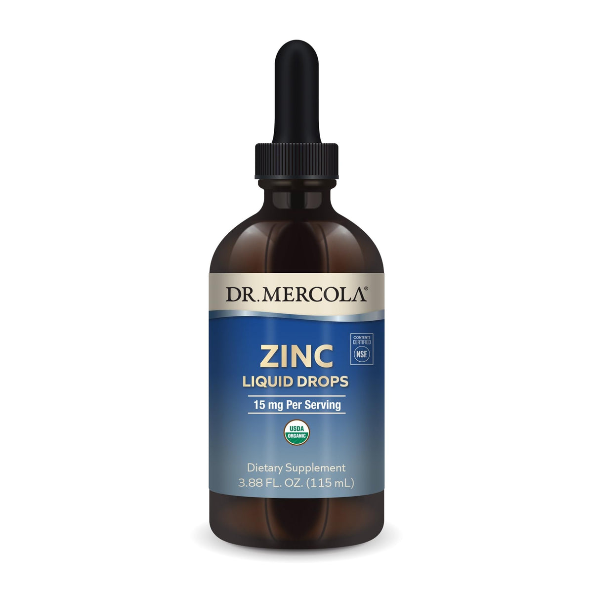 Flacon de gouttes de zinc liquide Dr. Mercola 15 mg, vue avant
