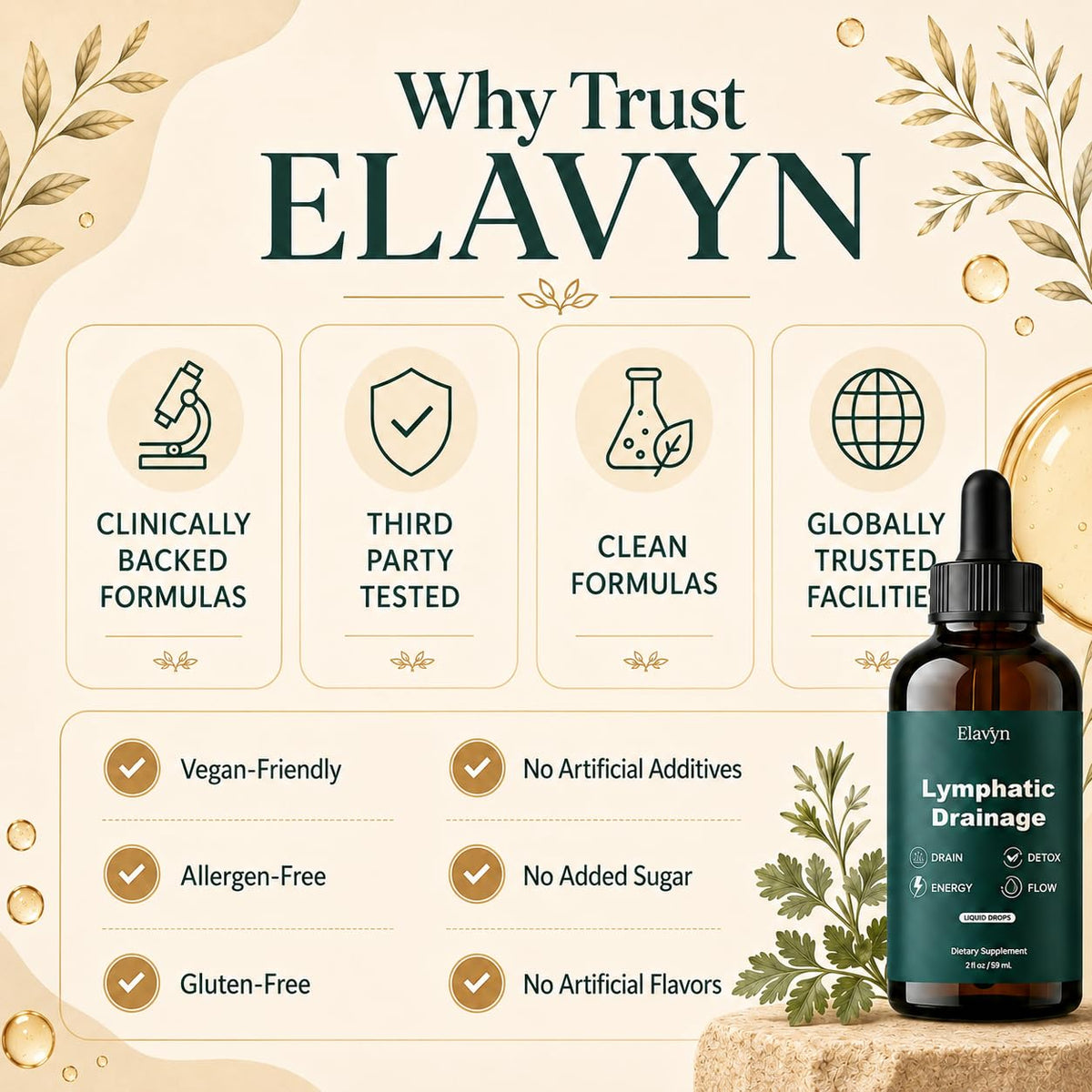 Flacon de gouttes ELAVYN avec fond naturel