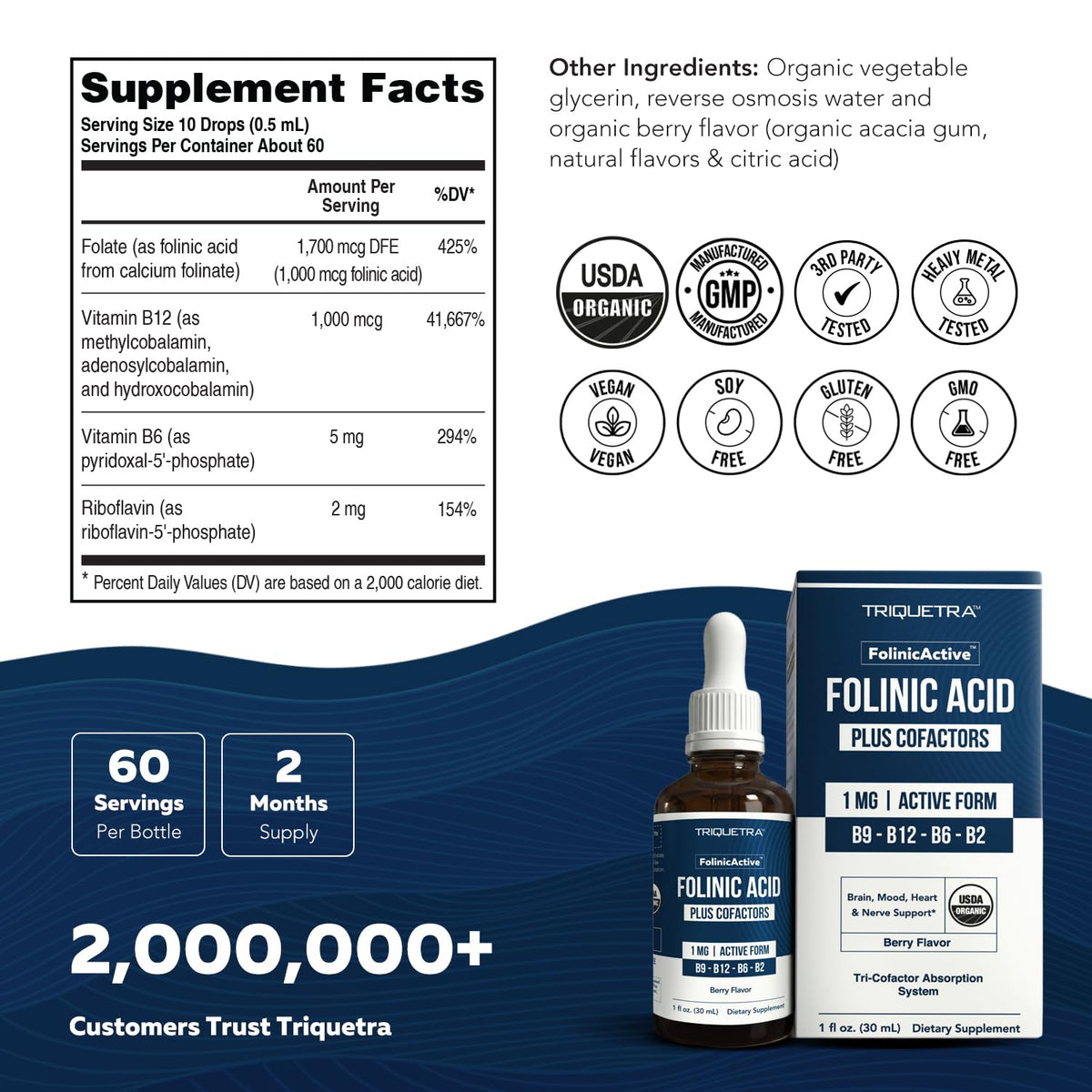 Flacon de gouttes FolinicActive™ avec fruits et boissons en arrière-plan