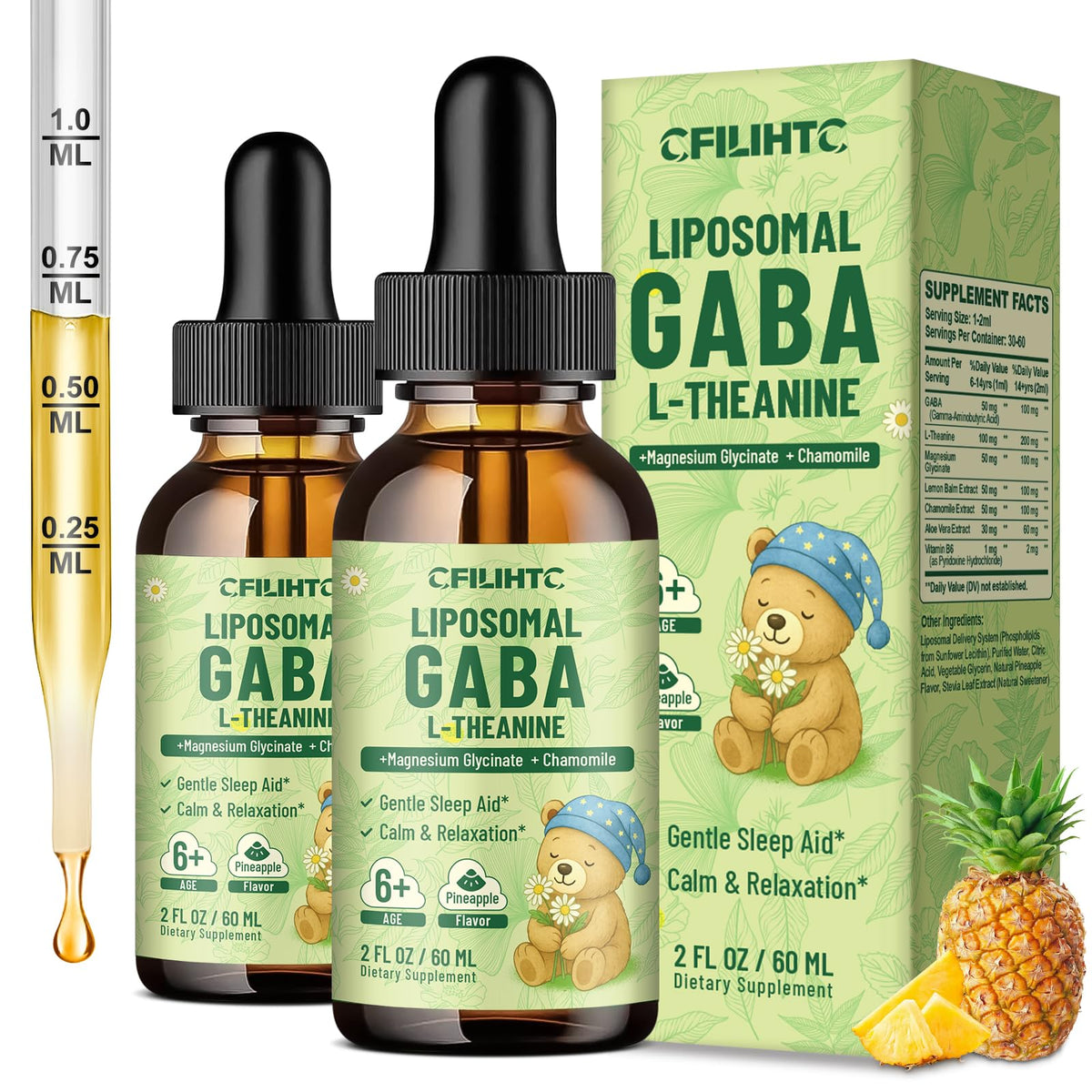 Flacon de gouttes liposomales GABA L-Théanine CFILIHTC, vue avant avec étiquette