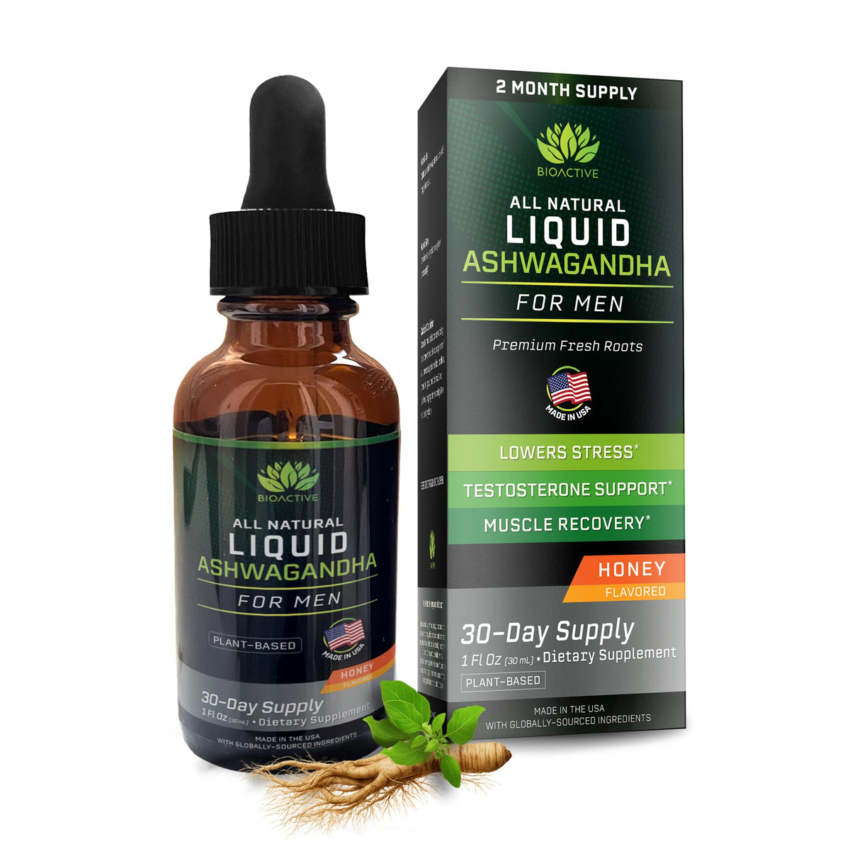 Flacon de gouttes liquides Ashwagandha BIOACTIVE vue de face