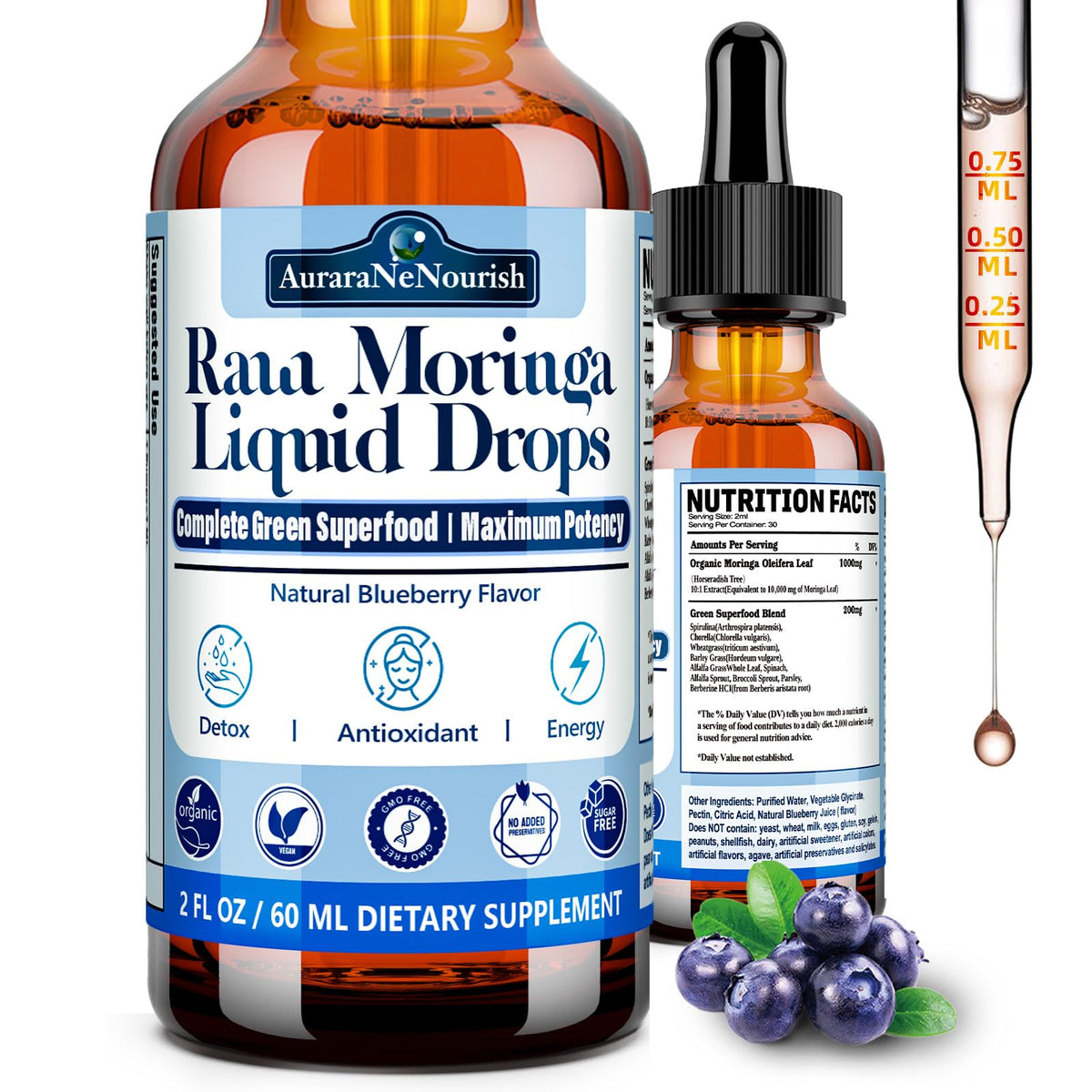 Flacon de gouttes liquides AuraraNeNourish Moringa 10:1 60ml