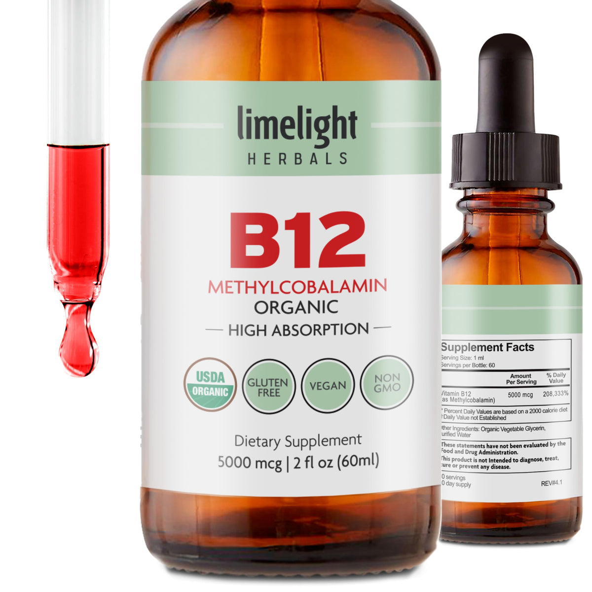 Flacon de gouttes liquides B12 bio LIMELIGHT HERBALS 5000 mcg