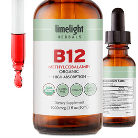 Flacon de gouttes liquides B12 bio LIMELIGHT HERBALS 5000 mcg