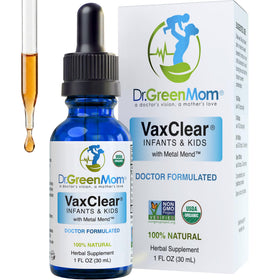 Flacon de gouttes liquides bio VaxClear de Dr. Green Mom, vue de face