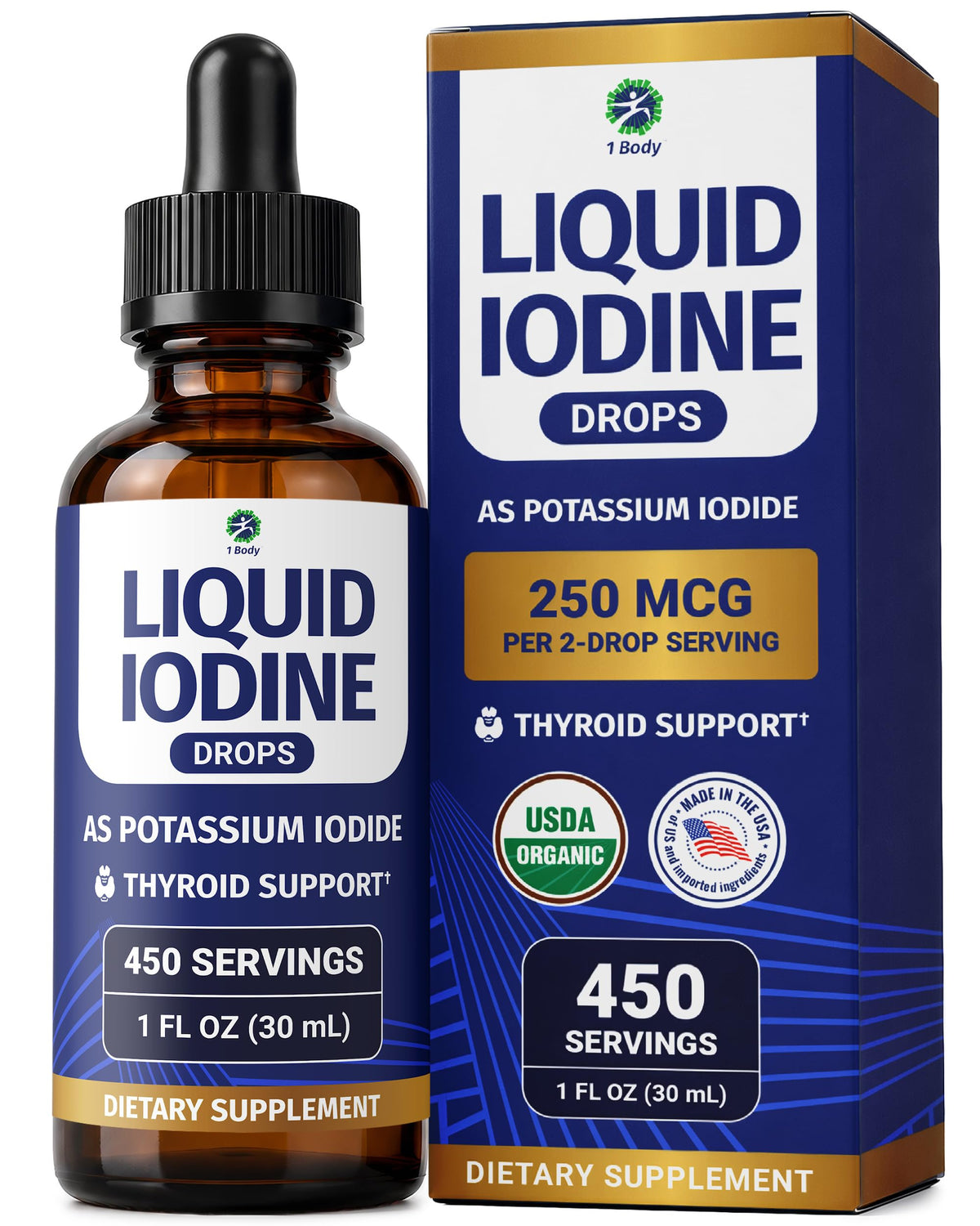 Flacon de gouttes liquides d'iode 1 Body, 30 mL