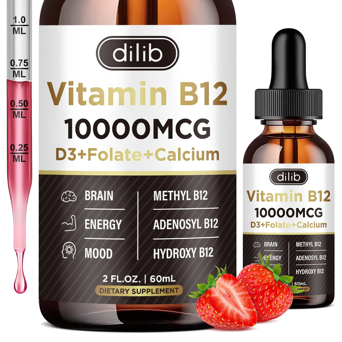 Flacon de gouttes liquides de B12 dilib 10000 mcg vue de face