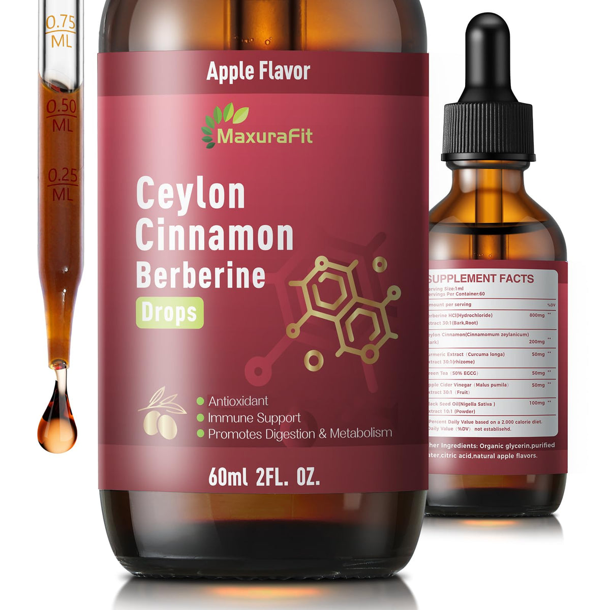 Flacon de gouttes liquides de Cannelle de Ceylan avec Berbérine de MaxuraFit, vue avant