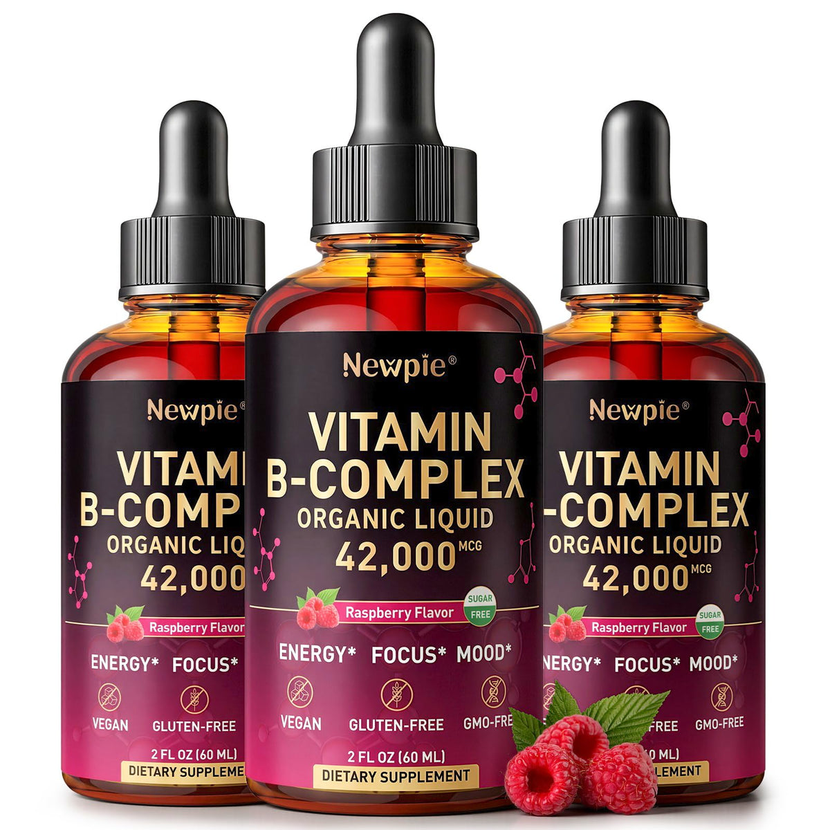 Flacon de gouttes liquides de complexe de vitamines B Newpie vue de face