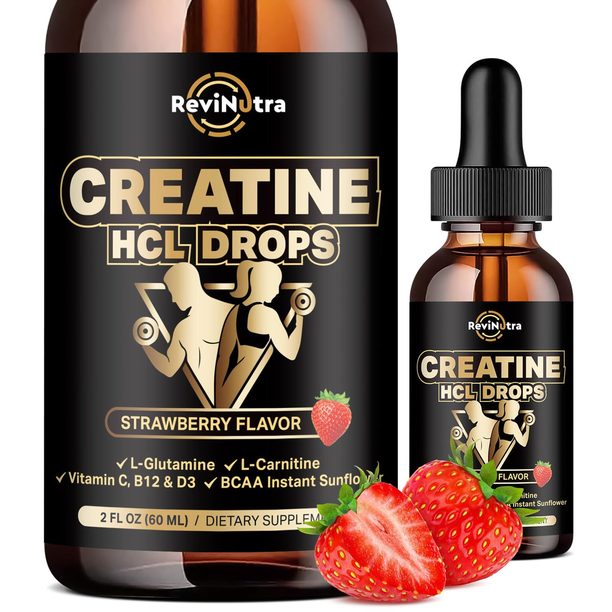 Flacon de gouttes liquides de créatine HCL ReviNutra 1500mg vue de face