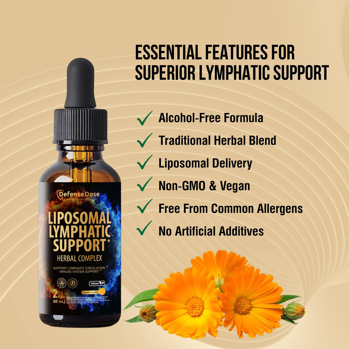 Flacon de Gouttes Liquides de Drainage Lymphatique Defense Dose avec orange